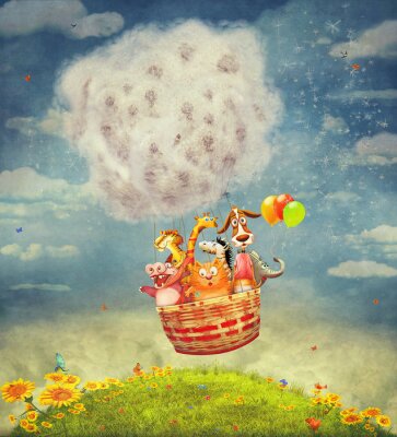 Tiere fliegen im Heißluftballon