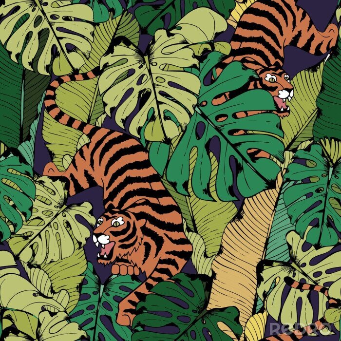 Fototapete Tiger in tropical leaves. Crouching Tiger. Seamless vector pattern