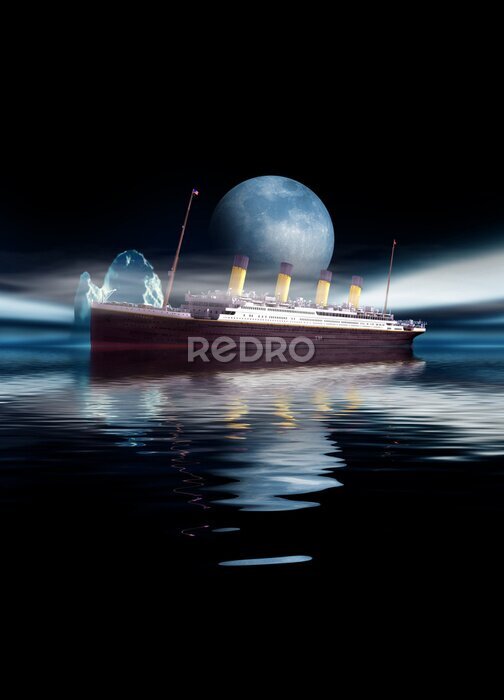 Fototapete Titanic-Schiff in der Nacht mit Mond und Eisberg