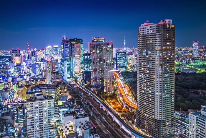 Fototapete Tokio bei Nacht und beleuchtete Gebäude