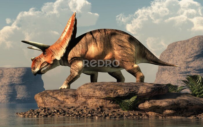 Fototapete Torosaurus auf einem Felsen am See