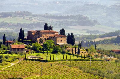 Toskana und Häuser an Weinbergen