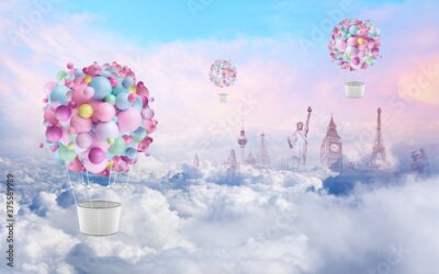 Fototapete Touristische Symbole und Ballons abstrakte Komposition zwischen Wolken