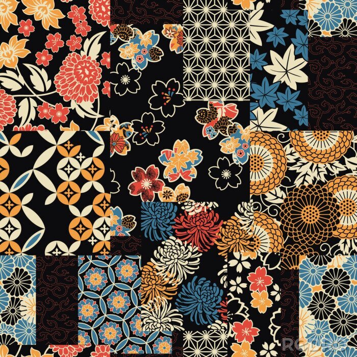 Fototapete Traditional Japanese textile fabric patchwork wallpaper  abstract floral vector seamless pattern