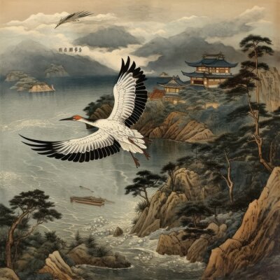 Fototapete Traditionelle japanische Illustration mit einem Kran