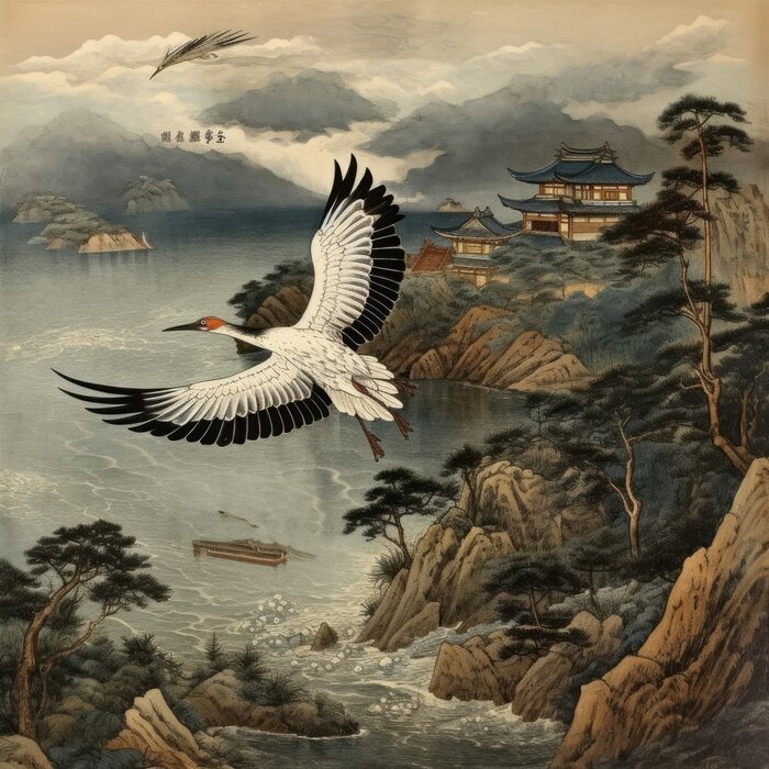 Fototapete Traditionelle japanische Illustration mit einem Kran