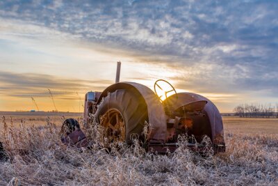 Fototapete Traktor auf dem Feld beim Sonnenuntergang