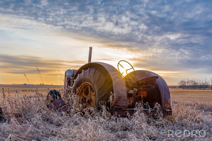 Fototapete Traktor auf dem Feld beim Sonnenuntergang