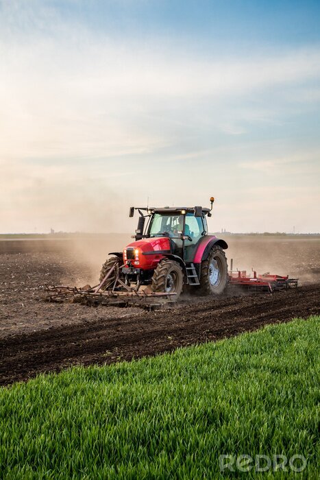Fototapete Traktor bereitet den Boden für den Frühling vor