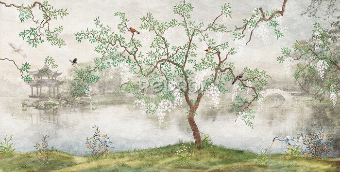 Fototapete Tree by the lake. Misty landscape. Tree with birds in the Japanese garden. the mural, Wallpaper for interior printing