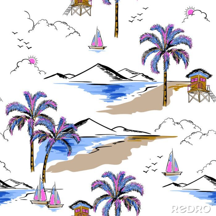 Fototapete Trendy Hawaii in süßer Farbe nahtlosen Inselmustervektor. Landschaft mit Palmen, Strand und Ozeanvektor handgezeichneten Stil