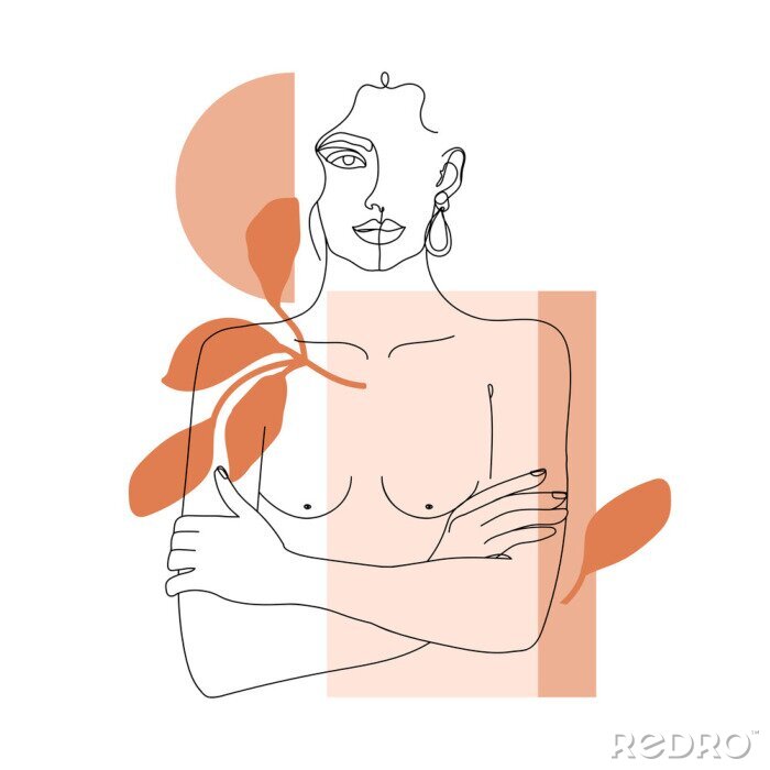 Fototapete Trendy one line woman body with abstract geometric shapes. Girl crossing arms on her chest. Elegant continuous line print for textile, poster, card, t-shirt etc. Vector fashion illustration.