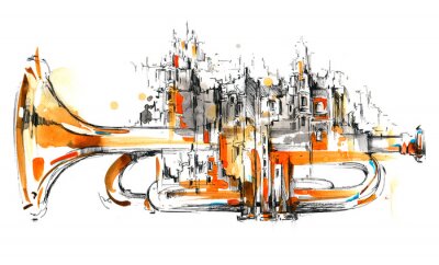 Trompete mit Stadtsilhouette Aquarellzeichnung