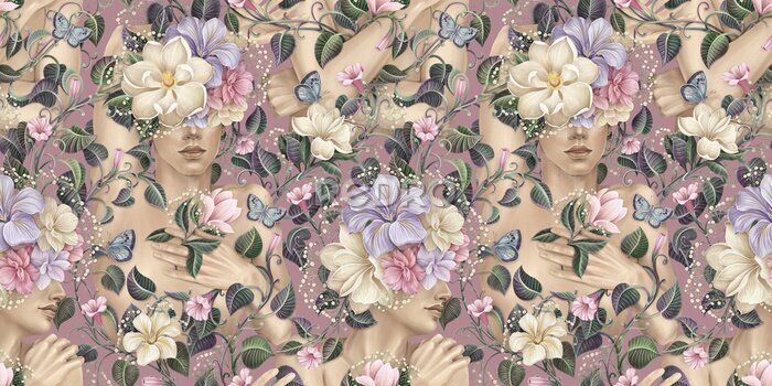 Fototapete Tropical background, fashion portrait, art. Floral seamless pattern. Beautiful romantic man, woman, garden flowers, leaves, butterfly. Hand-drawn watercolor 3D illustration. Luxury wallpapers, posters