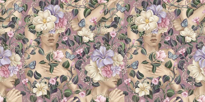 Fototapete Tropical background, fashion portrait, art. Floral seamless pattern. Beautiful romantic man, woman, garden flowers, leaves, butterfly. Hand-drawn watercolor 3D illustration. Luxury wallpapers, posters