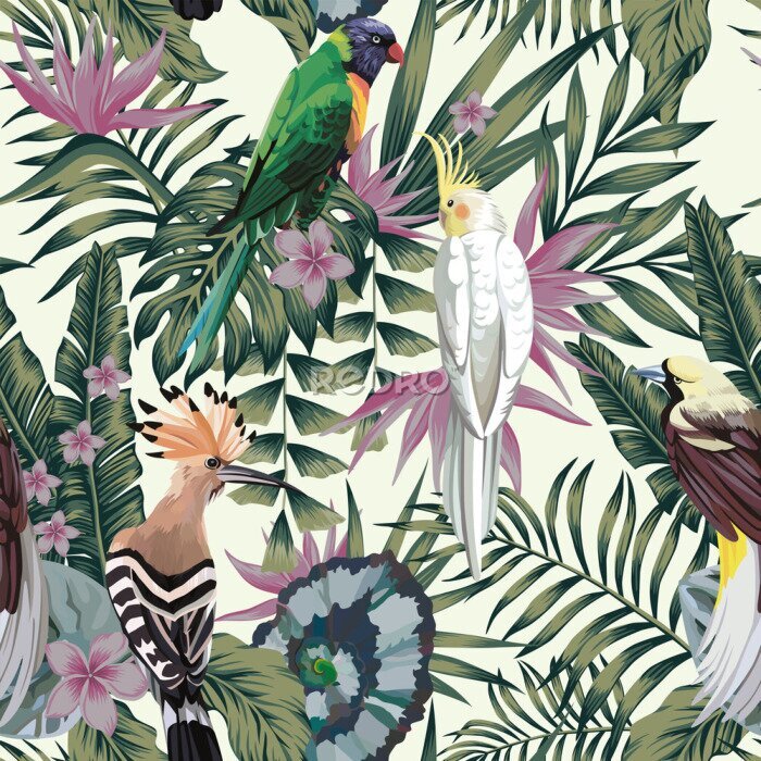 Fototapete Tropical birds plants leaves flowers abstract color seamless background