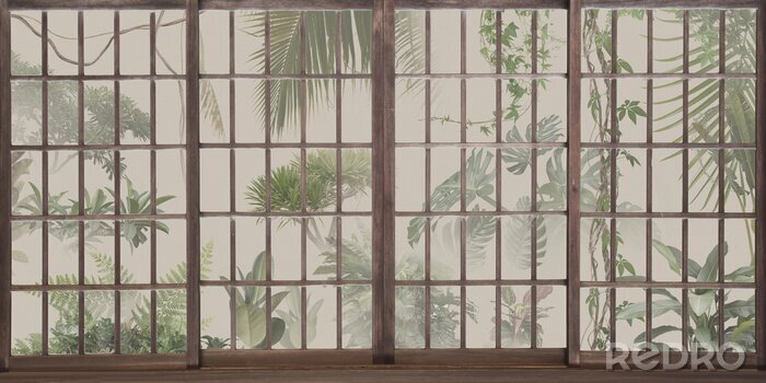 Fototapete Tropical botanical garden outside the window. Jungle behind panoramic windows. Great choise for wallpaper, photo wallpaper, murals, cards, postcards. Design for modern and loft interiors.