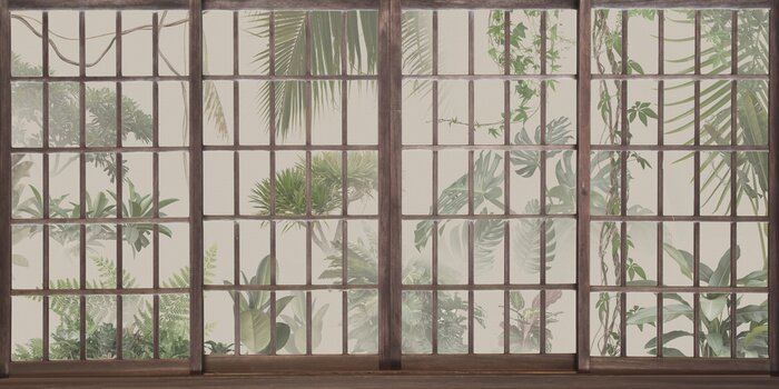 Fototapete Tropical botanical garden outside the window. Jungle behind panoramic windows. Great choise for wallpaper, photo wallpaper, murals, cards, postcards. Design for modern and loft interiors.