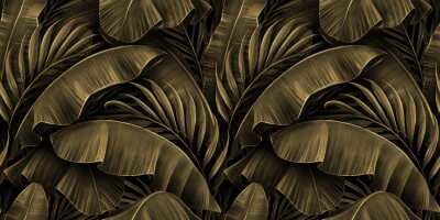 Fototapete Tropical exotic seamless pattern. Grunge golden banana leaves, palm. Hand-drawn dark vintage 3D illustration. Nature abstract background design. Good for luxury wallpapers, cloth, fabric printing.