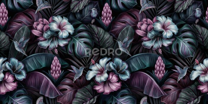 Fototapete Tropical exotic seamless pattern with birds, monstera, hibiscuc, bromeliad, banana leaves, palm, colocasia. Hand-drawn 3D illustration. Good for production wallpapers, cloth and fabric printing.