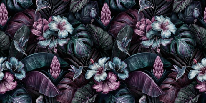 Fototapete Tropical exotic seamless pattern with birds, monstera, hibiscuc, bromeliad, banana leaves, palm, colocasia. Hand-drawn 3D illustration. Good for production wallpapers, cloth and fabric printing.