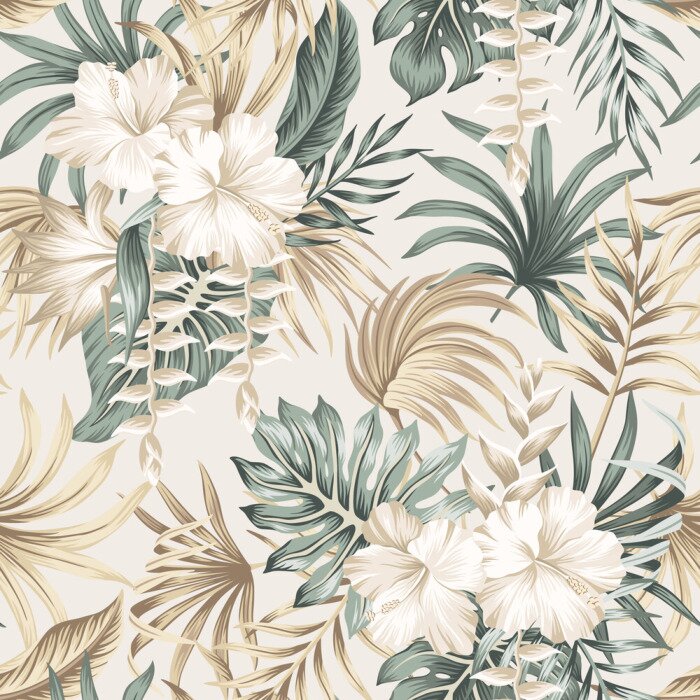 Fototapete Tropical floral foliage palm leaves, hibiscus flower seamless pattern beige background. Exotic jungle wallpaper.