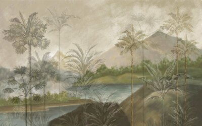 Fototapete Tropical landscape wallpaper design with oil painting effect, lake and mountain, vintage view, palm and banana trees, mural art.