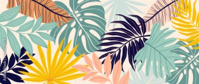 Fototapete Tropical leaves background vector. Botanical foliage banner design hand drawn colorful palm leaf, monstera leaves line art. Design for wallpaper, cover, cards, packaging, flyer, fabric.