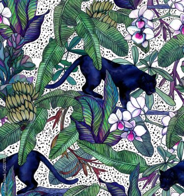 Fototapete  Tropical leaves, bananas, panther and orchid. Seamless vintage pattern. Wallpapers with tropical flowers and leaves