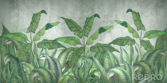 Fototapete Tropical leaves on a gray background. Photo wallpaper with leaves. Fresco for the interior. Wall decor in grunge style. Painted green leaves. Photo wallpapers 3d.