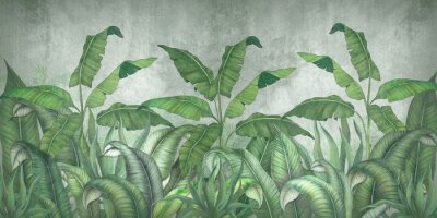 Fototapete Tropical leaves on a gray background. Photo wallpaper with leaves. Fresco for the interior. Wall decor in grunge style. Painted green leaves. Photo wallpapers 3d.