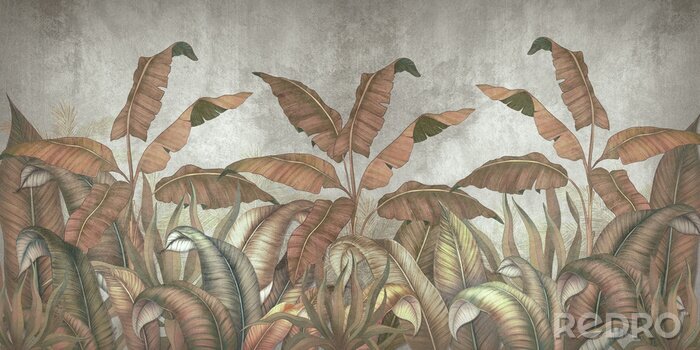 Fototapete Tropical leaves on a gray background. Photo wallpaper with leaves. Fresco for the interior. Wall decor in grunge style. Painted leaves. Photo wallpapers 3d.