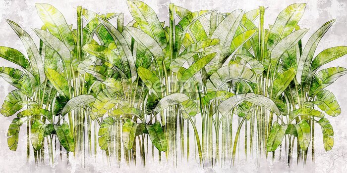 Fototapete Tropical leaves on concrete background. Great choise for mural, card, postcard, wallpaper and photo wallpaper. Design for modern and loft interiors.