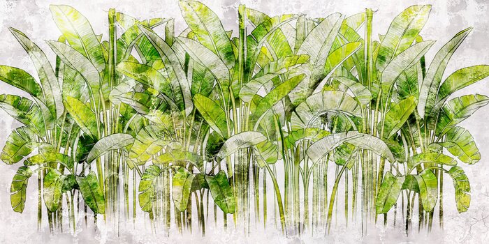 Fototapete Tropical leaves on concrete background. Great choise for mural, card, postcard, wallpaper and photo wallpaper. Design for modern and loft interiors.