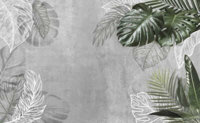 Fototapete Tropical leaves on grey cement background. Material for advertising and creativity. Monstera Leaves. 3d illustration. Banner With Copy Space