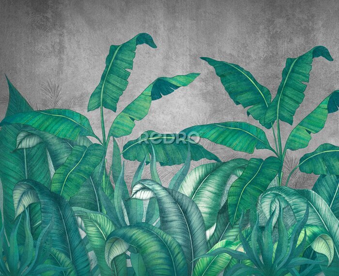 Fototapete Tropical leaves . Photo wallpaper with leaves. Fresco for the interior. Wall decor in grunge style. Painted green leaves. Photo wallpapers 3d.