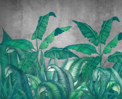 Fototapete Tropical leaves . Photo wallpaper with leaves. Fresco for the interior. Wall decor in grunge style. Painted green leaves. Photo wallpapers 3d.