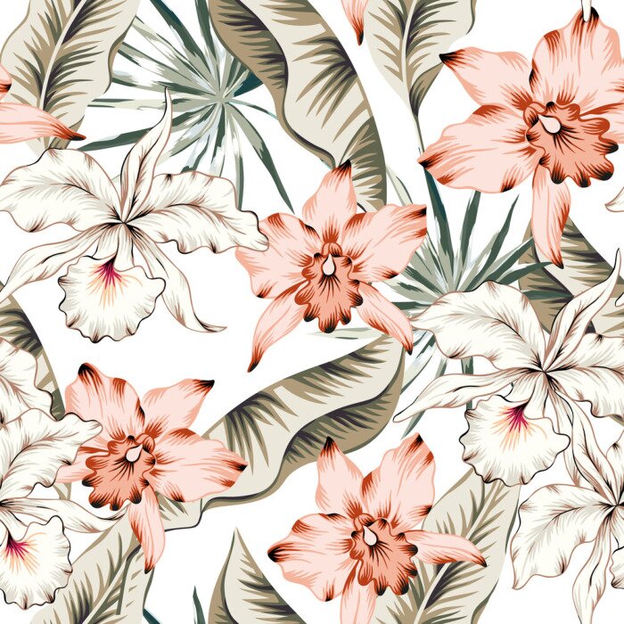 Fototapete Tropical pink, orchid flowers, green  banana palm leaves, white background. Vector seamless pattern. Jungle foliage illustration. Exotic plants. Summer beach floral design. Paradise nature
