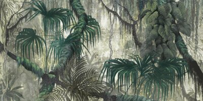 Fototapete Tropical plants and trees on a textural background photo wallpaper in the interior