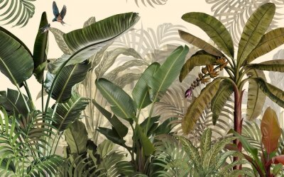 Fototapete Tropical plants wallpaper design, Jungle background, big leaf and bird, back yard, landscape, mural art.