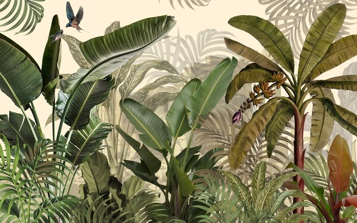 Fototapete Tropical plants wallpaper design, Jungle background, big leaf and bird, back yard, landscape, mural art.