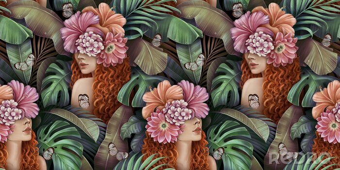 Fototapete Tropical seamless pattern with beautiful curly redhead women, bouquets of hibiscus flowers, plumeria, monstera, palm, banana leaves, butterflies. Hand-drawn vintage 3D illustration for lux wallpapers