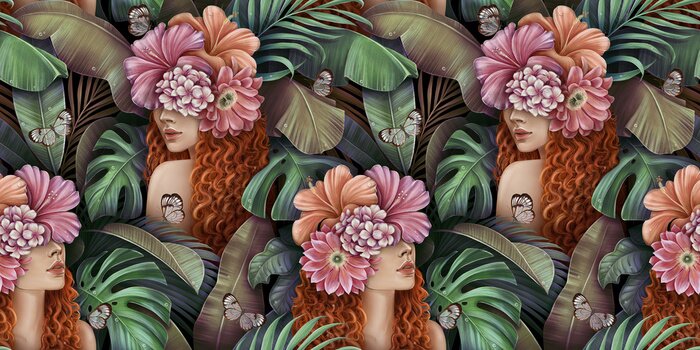 Fototapete Tropical seamless pattern with beautiful curly redhead women, bouquets of hibiscus flowers, plumeria, monstera, palm, banana leaves, butterflies. Hand-drawn vintage 3D illustration for lux wallpapers