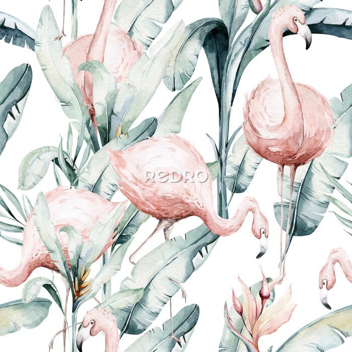 Fototapete Tropical seamless pattern with flamingo. Watercolor tropic drawing, rose bird and greenery palm tree, tropic green texture, exotic flower