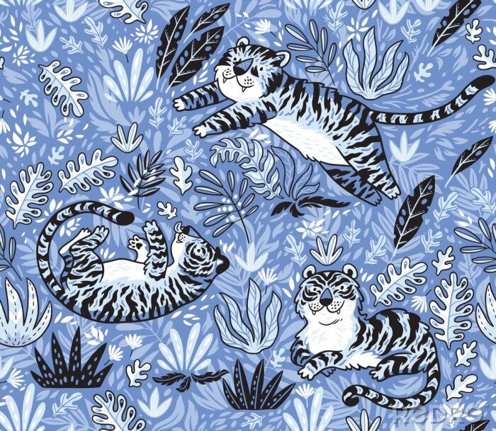 Fototapete Tropical seamless pattern with funny tigers in cartoon style. Vector illustration in blue colors