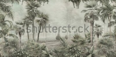 Fototapete Tropical trees and leaves for digital printing wallpaper, custom design wallpaper - 3D illustration