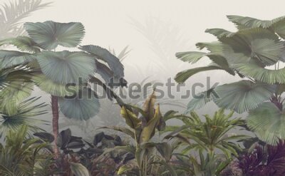 Fototapete Tropical trees and leaves wallpaper design in foggy forest - 3D illustration