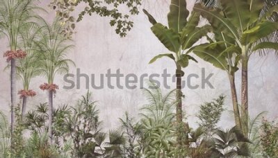 Fototapete tropical trees and leaves wallpaper design in foggy forest - 3D illustration