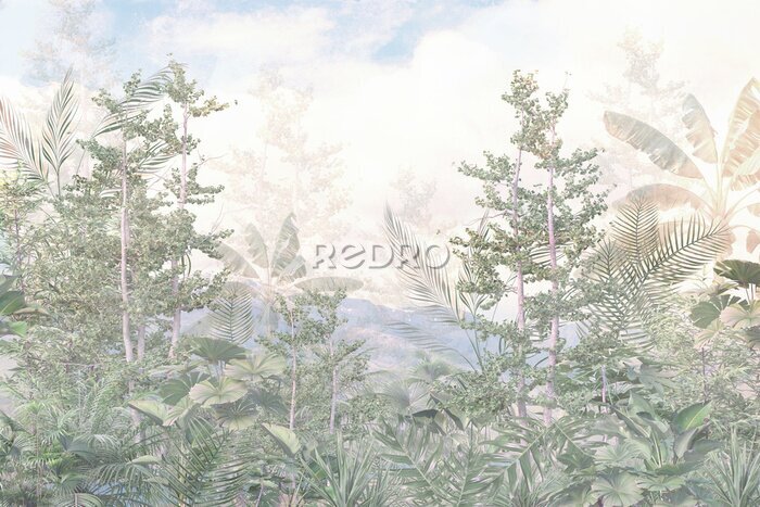 Fototapete tropical trees and leaves wallpaper design in foggy forest - 3D illustration
