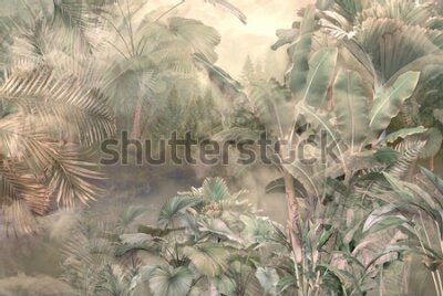 Fototapete Tropical trees and leaves wallpaper design in foggy forest - 3D illustration